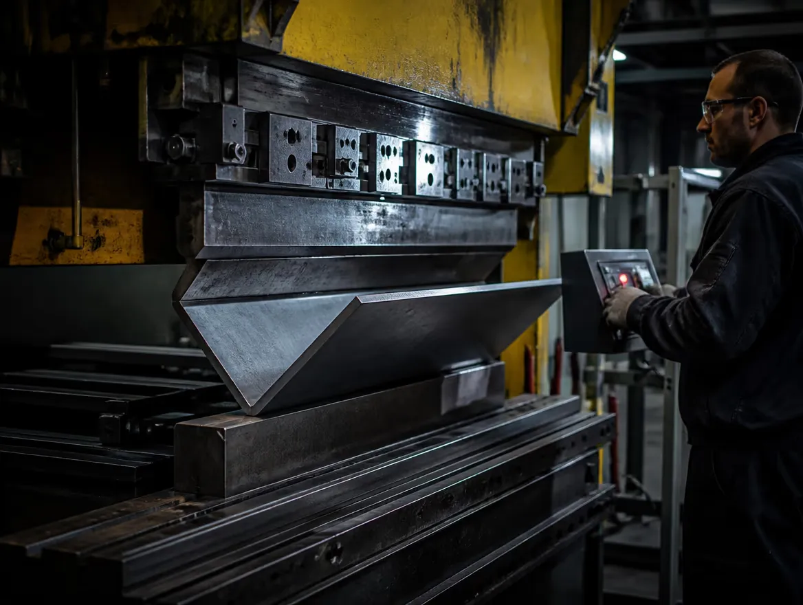 A press brake forming a steel plate at Fasteel Okanagan
