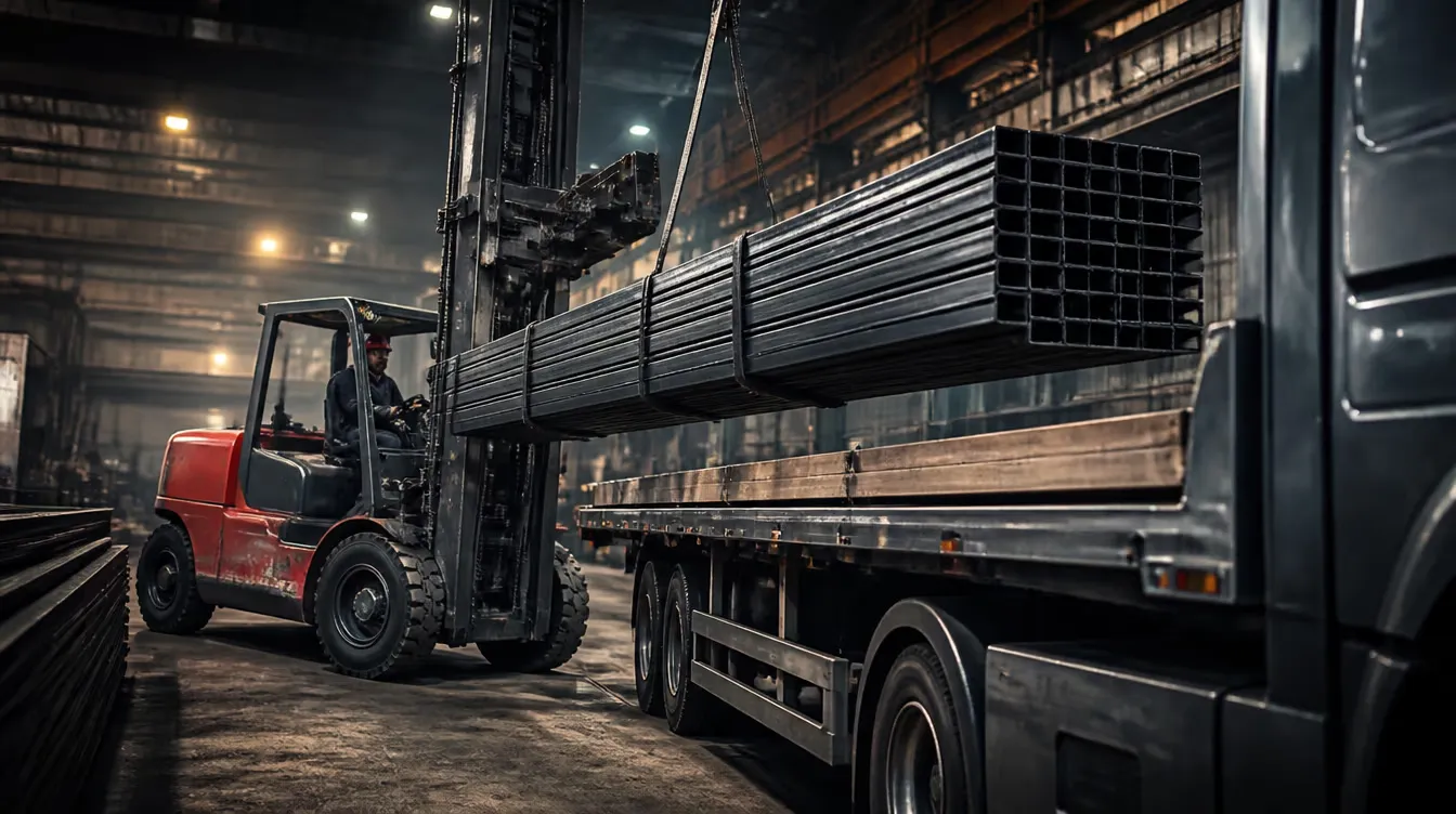 A forklift loading steel beams onto a Fasteel delivery truck