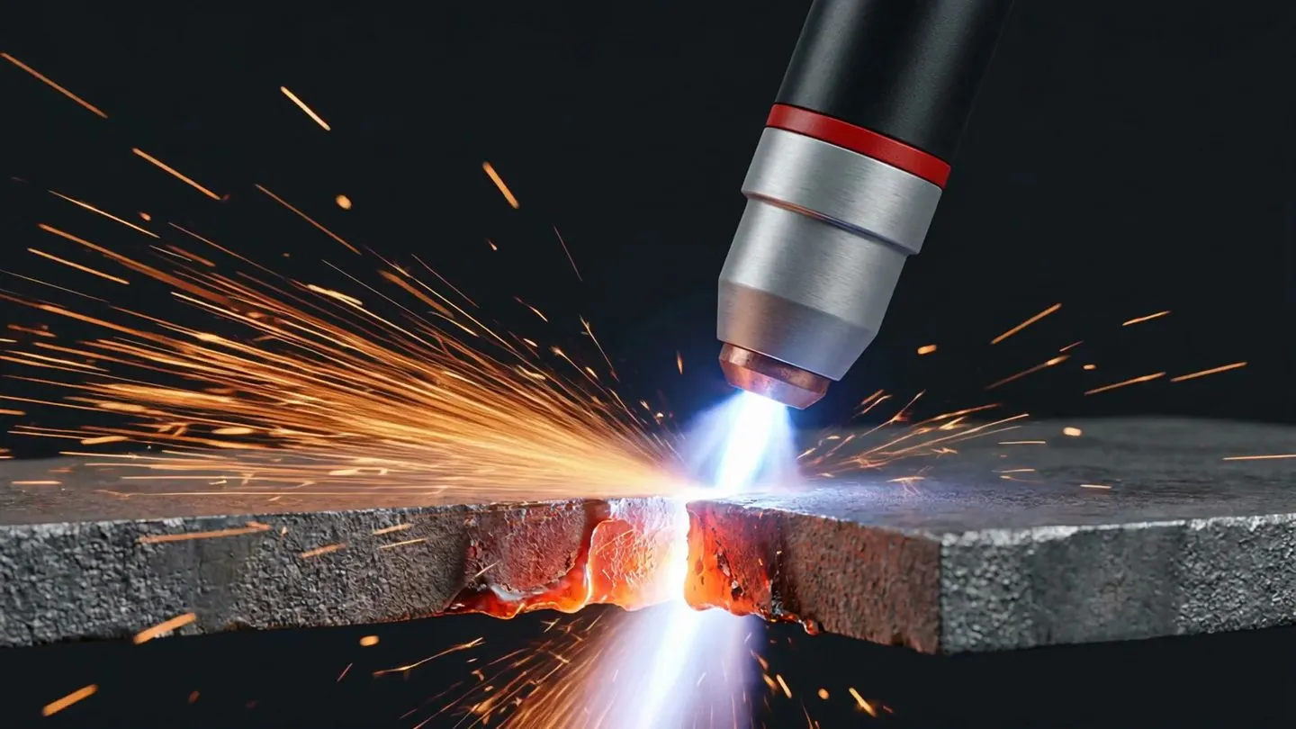 An extreme close-up of a Hi-Def plasma cutter cutting through a steel sheet with a fan of sparks