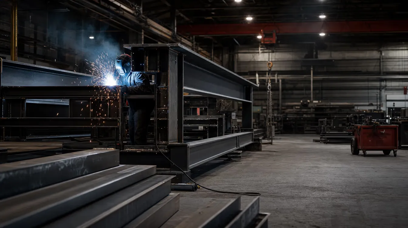 A welder working on a steel frame in a fabrication shop