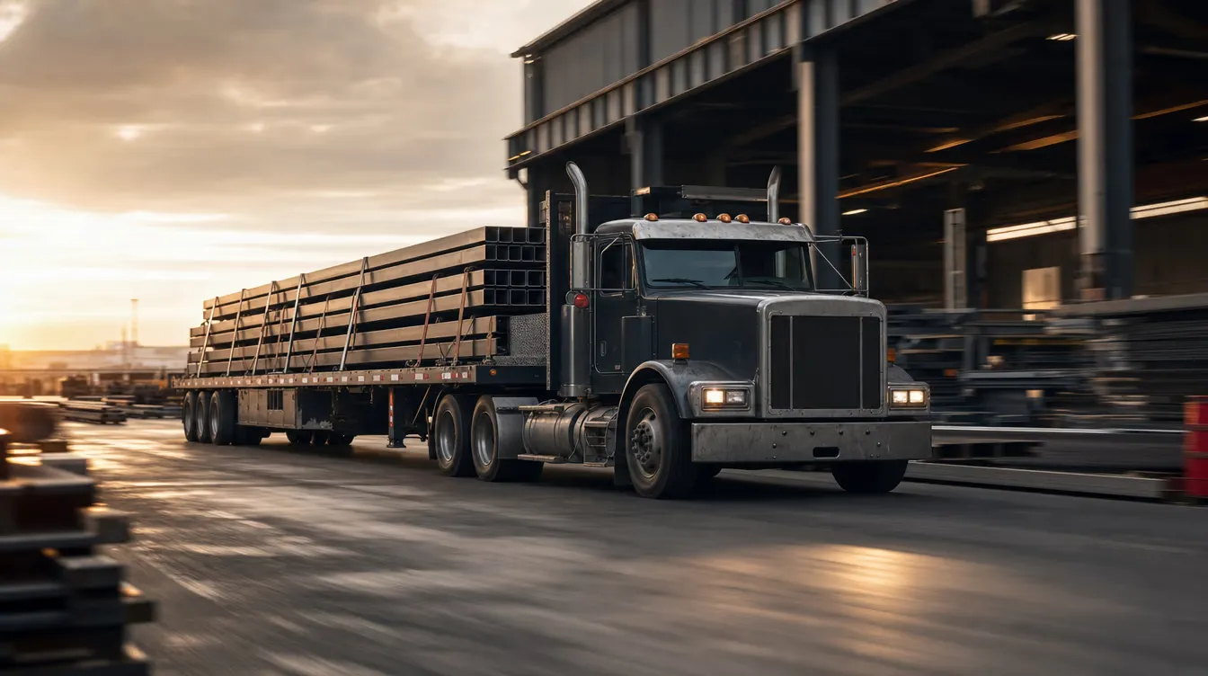 A Fasteel flatbed truck loaded with steel leaving the yard